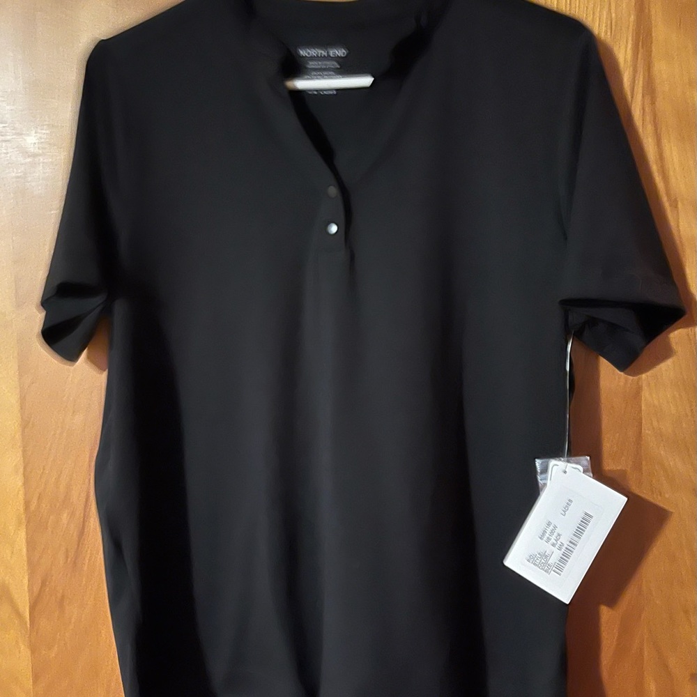 North End stretch polo, black, new/tags, size med., short sleeve, V-neck